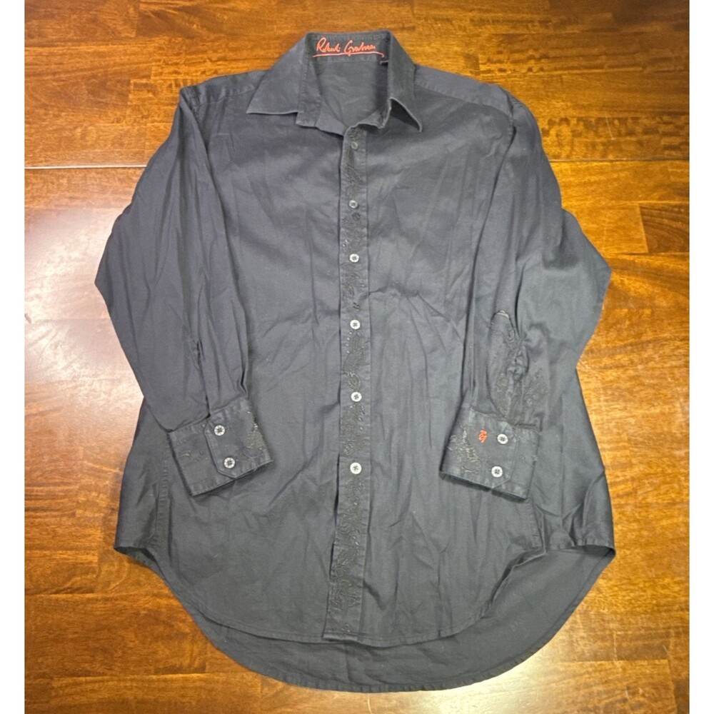 Robert Graham Shirt Mens M Black Floral Embroidered Button Up Long Sleeve Medium